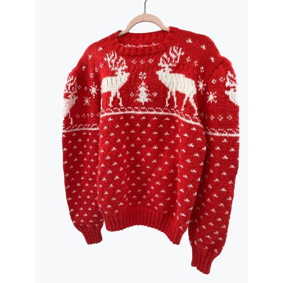Vintage Red Reindeer Nordic Christmas Sweater Wool Knit Winter Pullover - Picture 3 of 6